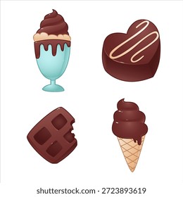 Chocolate Dessert Icon Set Featuring Soft Serve, Heart Candy, Cup Treat, and Bitten Bar
