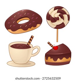 Conjunto de iconos de postre de chocolate con donuts, piruleta, bebida caliente y rebanada de pastel en estilo lindo de dibujos animados