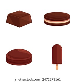 Chocolate dessert icons set cartoon vector. Tasty chocolate confectionery. Sweet food