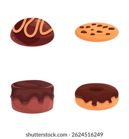 Chocolate dessert icons set cartoon vector. Tasty chocolate confectionery. Sweet food