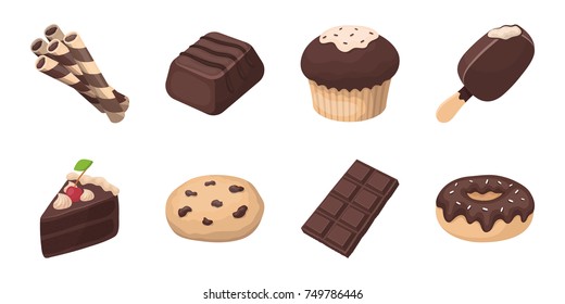 Chocolate Dessert icons in set collection for design. Chocolate and Sweets vector symbol stock web illustration.