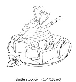 Chocolate dessert pieces of cake are poured with chocolate cream on a plate. Vector illustration.