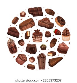 Chocolate Dessert Round Composition Design with Sweet Pastry Vector Template