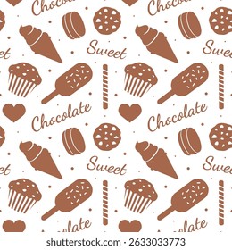 Ilustración de patrón transparente de postre de chocolate con dulces y pasteles derretidos en estilo de dibujos animados planos