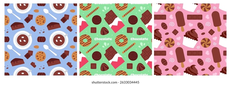 Ilustración de patrón transparente de postre de chocolate con dulces y pasteles derretidos en estilo de dibujos animados planos