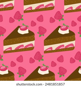 Chocolate dessert seamless pattern with strawberry cake and strawberries. Vector hand drawn food illustration on pink background. Good for wrapping paper, background, kitchen textile