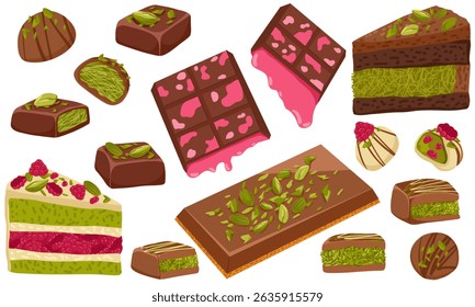 Chocolate dessert set with bars, truffles and layered cake slice with green pistachio and pink raspberry flavor. Vector illustration of treats for food packaging, menus, posters, blogs, recipe books