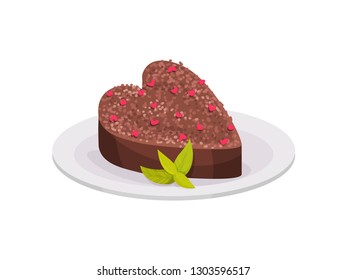 Chocolate dessert in shape of heart decorated with pink sprinkles and green leaves. Sweet food. Flat vector icon