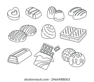 Chocolate, dessert snack, sweet bakery. Flat vector graphic illustration, objects outline art coloring