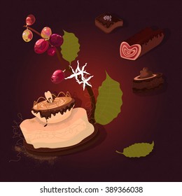 Chocolate dessert and sponge cake roll.Cheesecake caramel with coffee branch berries.