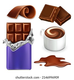 Chocolate Dessert Sweet Food And Drink Set Vector. Hot Cacao Beverage In Cup And Chocolate Bar In Foil Packaging, Piece And Shaving Slice. Cocoa Sugary Nourishment Template Realistic 3d Illustrations