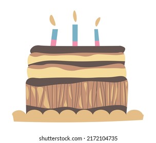 Chocolate dessert, tasty creamy cake with birthday candles. Holiday celebration, sweet pastry or confectionery. Layered dough with mousse or cocoa filling or jam. Vector in flat style illustration