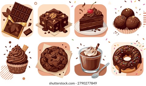 Chocolate dessert vector illustration set with chocolate bars, brownies, cake slice, truffles, cupcake, cookie, hot chocolate, and donut for bakery menus