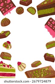 Marco de Vertical de postre de chocolate con dulces dulces, pastel de pistacho, barras sobre fondo blanco. Vector dibujado a mano ilustración de dibujos animados para el diseño de envases, menú, volantes, invitaciones con espacio de copia