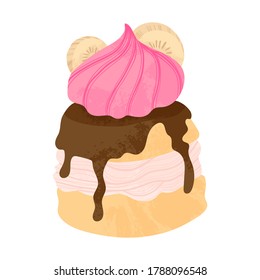 Chocolate dessert with whipped cream, meringue and sliced banana fruits. Vector flat cartoons illustration. Tasty cake with chocolate, meringue and banana. Isolated on white background. 