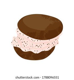 Chocolate dessert with whipped cream vector flat cartoons illustration. Tasty cake with chocolate. Isolated on white background. Stock image. 