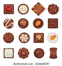 Chocolate desserts and candies, Valentine day gift, lunch snack or coffee break, isolated icons vector. Bonbons with glaze and almond, cherry and coconut. Confectionery product and sweet food, cakes