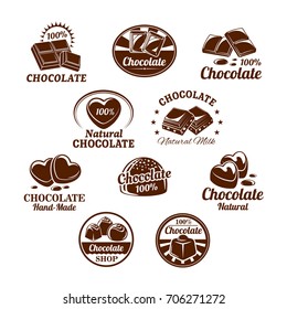 Chocolate desserts and choco candy bars icons. Vector isolated set of chocolate splash fondant and comfits with nuts and raisins for confectionery and sweet product labels or package design templates