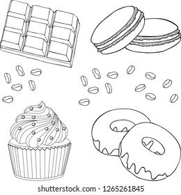 Chocolate desserts collection. Chocolate cupcake, donut or doughnut, Cake macaron or macaroon, chocolate and coffee beans isolated on white bacground. Vector illustration