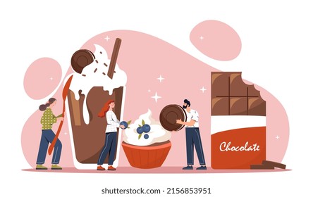 Chocolate desserts concept. Men and girls with sweets. Restaurant menu, elements for website, advertising poster or banner. Sugary drinks, cookies and ice cream. Cartoon flat vector illustration