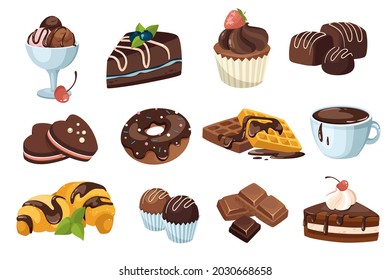 Chocolate desserts design elements set. Collection of ice cream, cake, muffin, candy, donut, waffles, hot drink, chocolate and confectionery. Vector illustration isolated objects in flat cartoon style