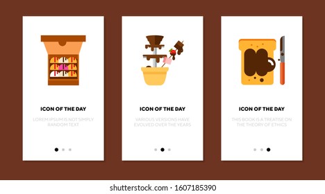 Chocolate desserts flat icon set. Ice cream, paste, sandwich, fountain. Sweets, confectionary, dessert concept. Vector illustration symbol elements for web design