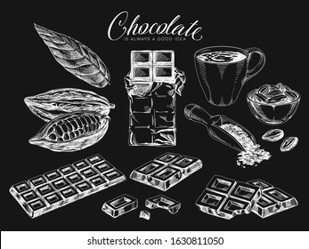 Chocolate desserts hand drawn illustrations set. Vintage black and white sweets, cocoa beans and hot chocolate cup illustrations set. Retro style confectionery drawings with slogan