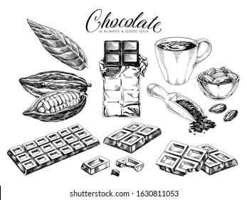 Chocolate desserts hand drawn illustrations set. Vintage black and white sweets, cocoa beans and hot chocolate cup illustrations set. Retro style confectionery drawings with slogan