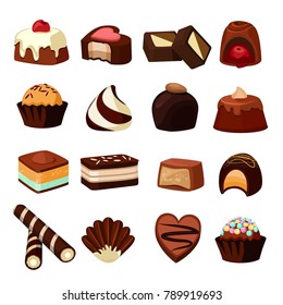 Chocolate desserts. Illustrations of sweets and candy. Vector dessert chocolate candy, sweet food with cream