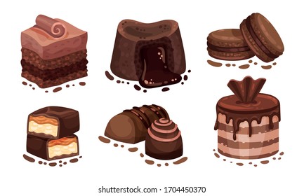 Chocolate Desserts with Layered Cake and Macarons Vector Set