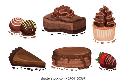 Chocolate Desserts with Layered Cake and Sweets Vector Set