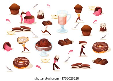 Chocolate desserts with little people set, vector illustration. Candy, cupcake and cookies, sweet food and drinks. Man woman character near large snacks, advertising cake shop flyer.