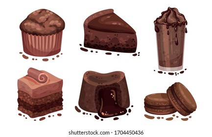 Schokoladendesserts mit Muffin und Schokoladenkuchen Vektorillustration Set