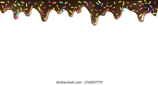 Chocolate desserts poster with dripping fondant, choco glaze drops sprinkles grainy. Pattern with sprinkles grainy of black chocolate. Template for holiday designs, party, birthday, invitation. Vector