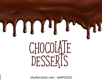 Chocolate desserts poster with dripping fondant or choco glaze drops. Vector design for cafe or cafeteria patisserie chocolate tiramisu or brownie cakes and cookies, cocoa pastry or bakery shop