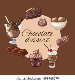 Chocolate desserts set. Cake, ice cream, chocolate bar, milkshake, candy, cupcake. The cartoon icons. Vector illustration.
