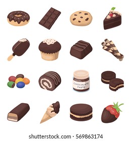 Chocolate desserts set icons in cartoon style. Big collection of chocolate desserts vector symbol stock illustration