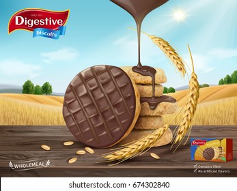 Chocolate digestive biscuits ad, chocolate sauce dripping from sky and cookies isolated on wooden table, wheat field background in 3d illustration