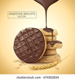 Chocolate digestive biscuits element, chocolate sauce dripping from top with its ingredients, 3d illustration