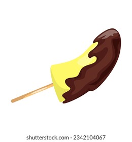 Chocolate dipped banana on stick vector illustration. Drawing of fruit with chocolate, snack on stick isolated on white background. Dessert, food, confectionery concept