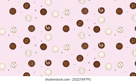 Bolachas de chocolate mergulhadas no fundo rosa claro e conceito de comida, doce e amor, bola de chocolate. chocolate de bolso, morango, sabor de creme de biscoito padrão sem costura