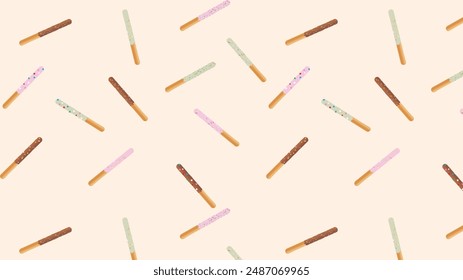 Chocolate dipped biscuits stick on brown background and concept of food ,sweet and love, chocolate sticks, pepero. pocky chocolate, strawberry, cookie cream flavor seamless pattern