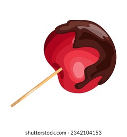 Chocolate dipped cherry on stick vector illustration. Drawing of berry with chocolate, snack on stick isolated on white background. Dessert, food, confectionery concept