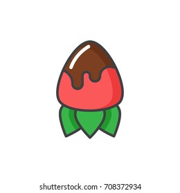 Chocolate dipped, covered strawberry flat colored line icon.