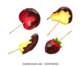 Chocolate dipped fruit on sticks vector illustrations set. Cartoon drawings of apple, pear, banana, strawberry with chocolate isolated on white background. Dessert, food, confectionary concept