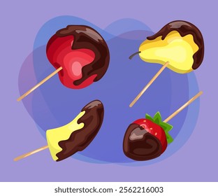 Chocolate dipped fruit on sticks vector illustrations set. Cartoon drawings of apple, pear, banana, strawberry with chocolate on abstract background. Dessert, food, confectionary concept