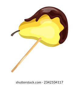 Chocolate dipped pear on stick vector illustration. Drawing of fruit with chocolate, snack on stick isolated on white background. Dessert, food, confectionery concept