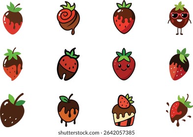 Chocolate Dipped Strawberry Cute Doodle Vector Art.