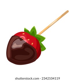 Chocolate dipped strawberry on stick vector illustration. Drawing of berry with chocolate, snack on stick isolated on white background. Dessert, food, confectionery concept