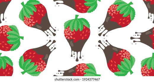 Chocolate dipped strawberry seamless border. Banner with painterly red berries dripping with melting drops of sweet ganache. Tossed garden fruit design for summer party food and celebration concept